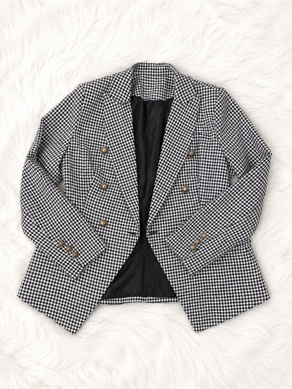 Black White Houndstooth Blazer Women’s Large Gold Button Old Money Chic Jacket